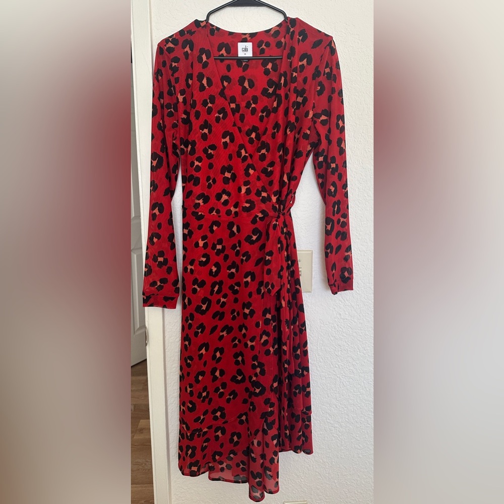 CAbi Red Leopard Wrap Dress with Black and Tan Spots